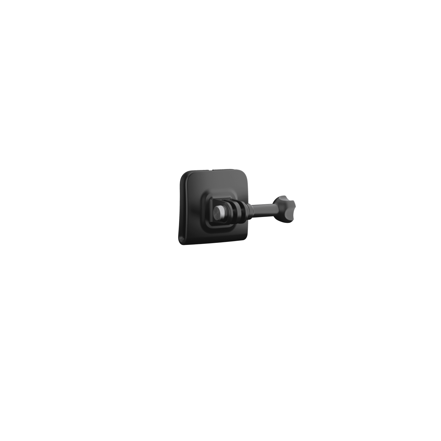 A black GoPro mount with a screw, isolated on black background.