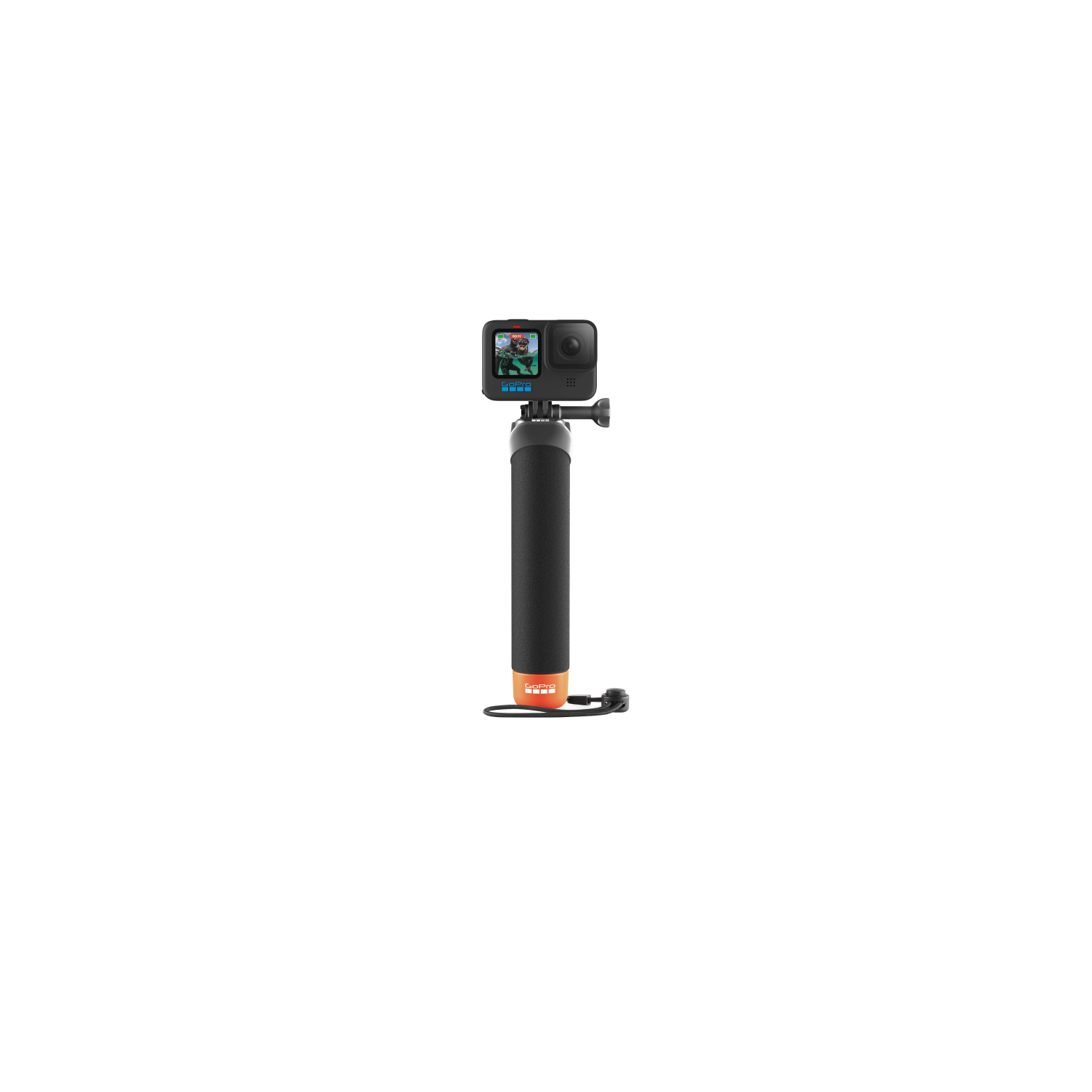 Black GoPro camera with a handle, set against a black background.