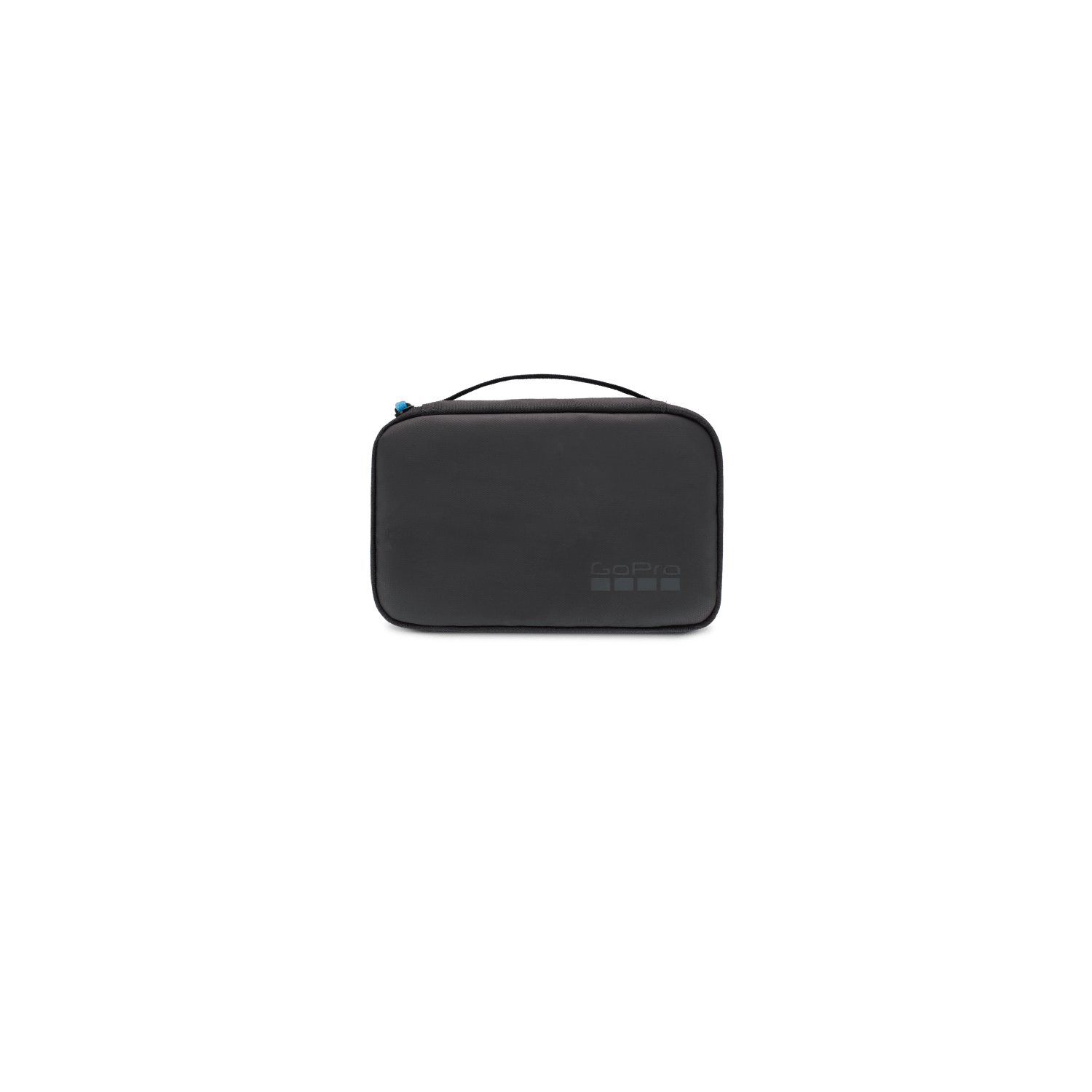 A black GoPro case on a black background. The case has a zipper and the GoPro logo on it.
