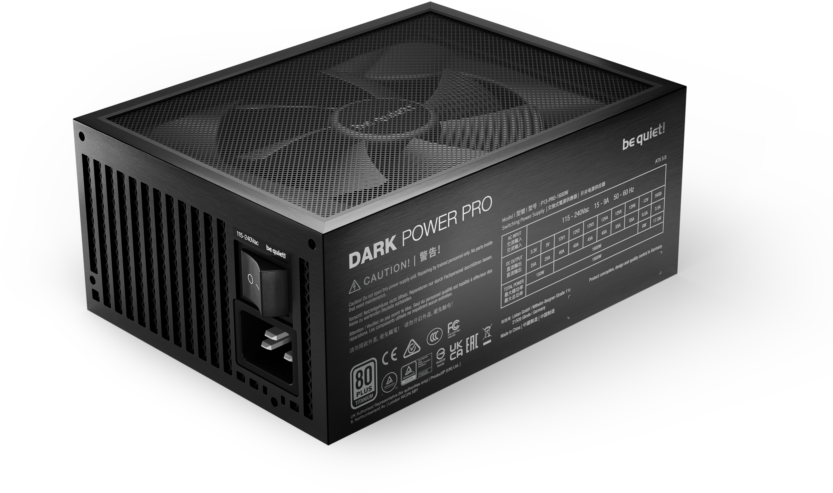 Schwarzes Netzteil, beschriftet Dark Power Pro, auf weißem Hintergrund.