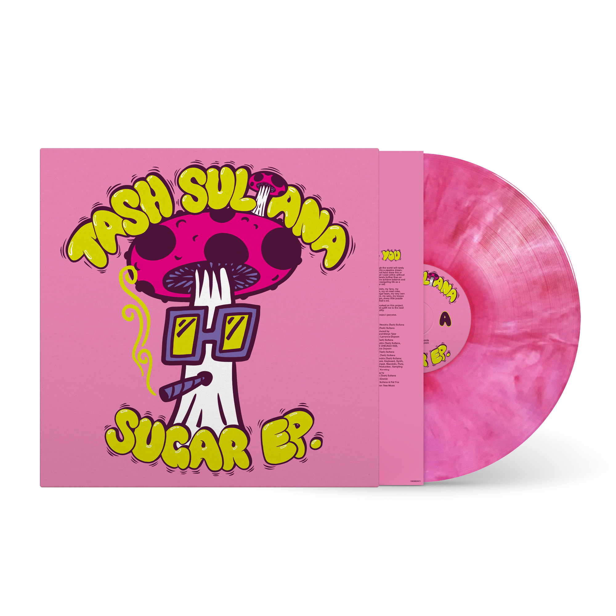 Rosa Vinylplatte mit Cartoon-Pilz-Design. Das Albumcover lautet 'Tash Sultana Sugar EP'.