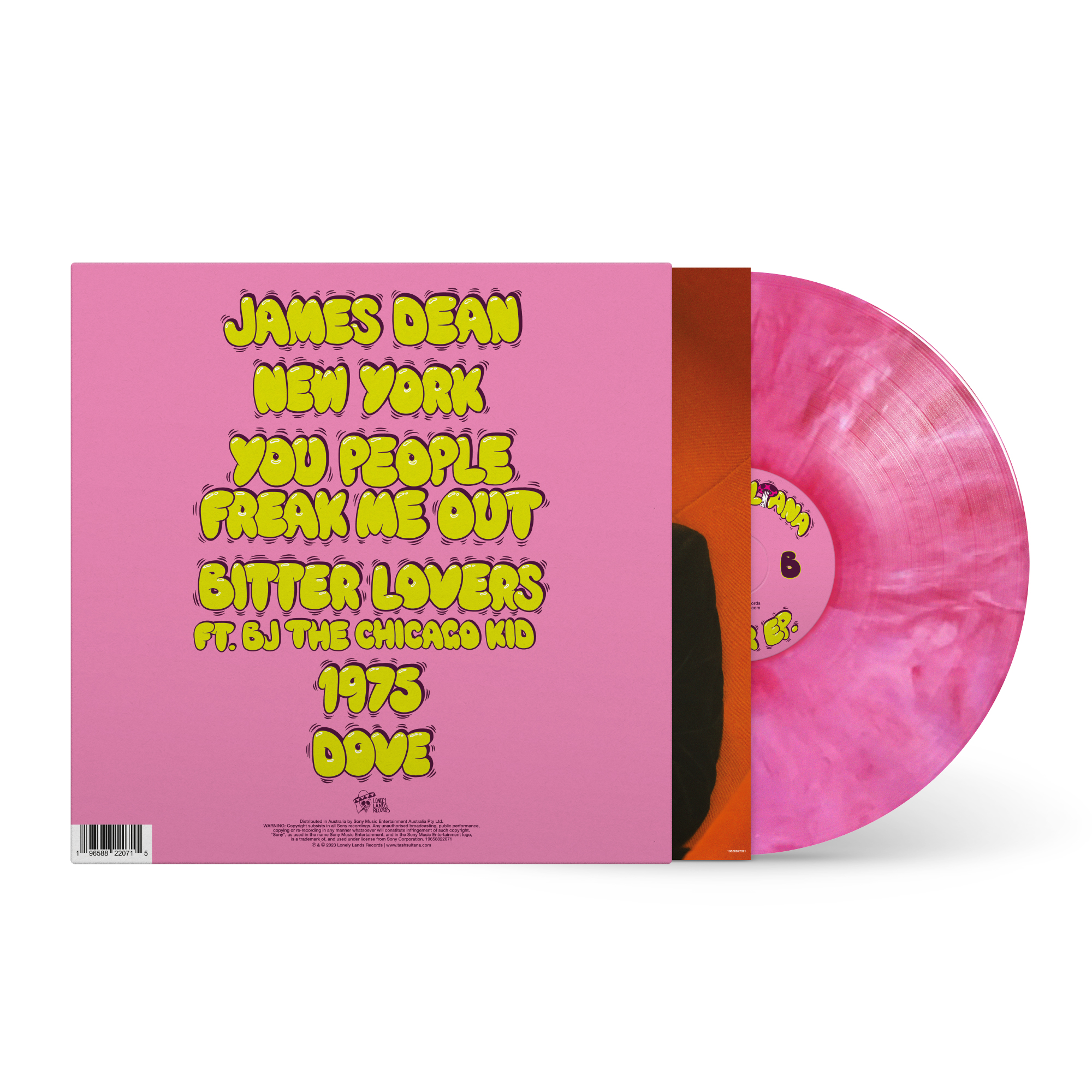Pinkfarbene Schallplatte mit pinkfarbener Hülle, Songtitel auflistend.