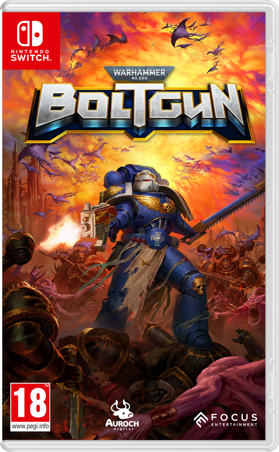 Warhammer 40,000: Boltgun game case voor Nintendo Switch. Toont een space marine die demonen bevecht.