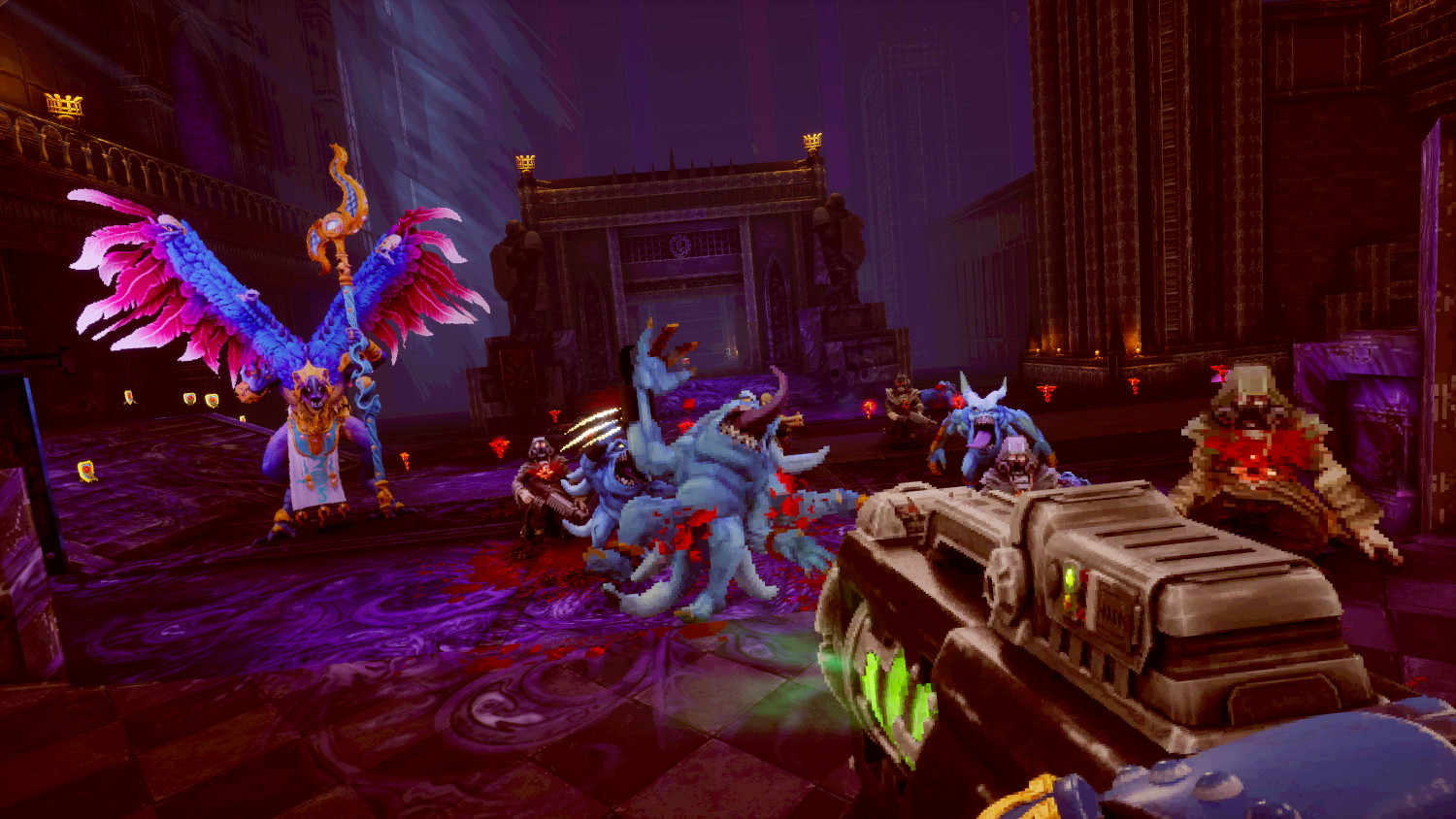 Scene uit een videogame met een gevecht. Meerdere monsters en een personage met een wapen zijn zichtbaar.