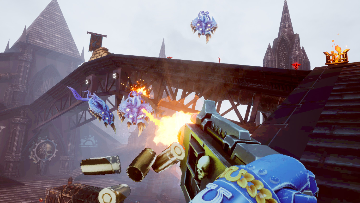 Een first-person perspectief van een videogame scène met een soldaat die op vliegende wezens schiet met een futuristisch wapen.