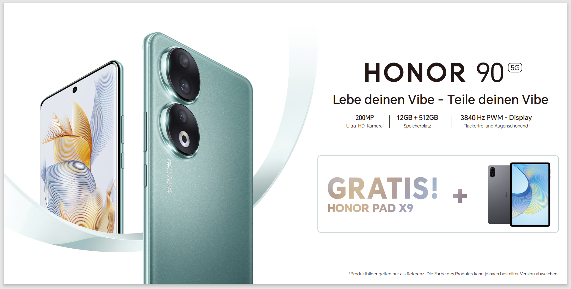 Grünes Honor 90 5G-Telefon und ein Tablet. Das Telefon hat zwei Kameras, und der Text lautet „GRATIS! HONOR PAD X9“.