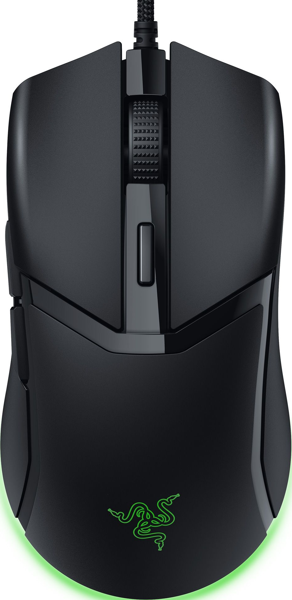 Eine schwarze Razer Gaming-Maus mit grünem Licht. Sie hat Knöpfe und ein strukturiertes Design.