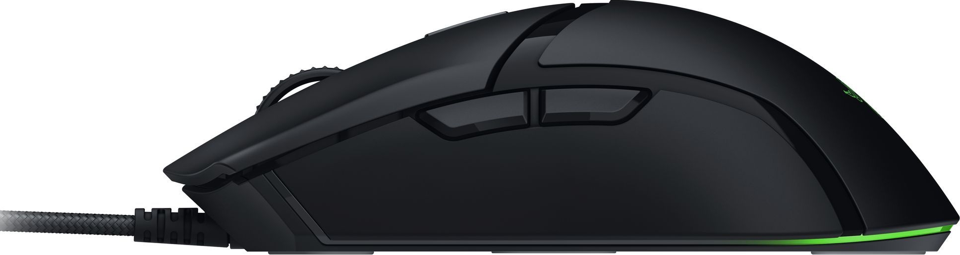 Schwarze Gaming-Maus mit Seitentasten, Kabel.