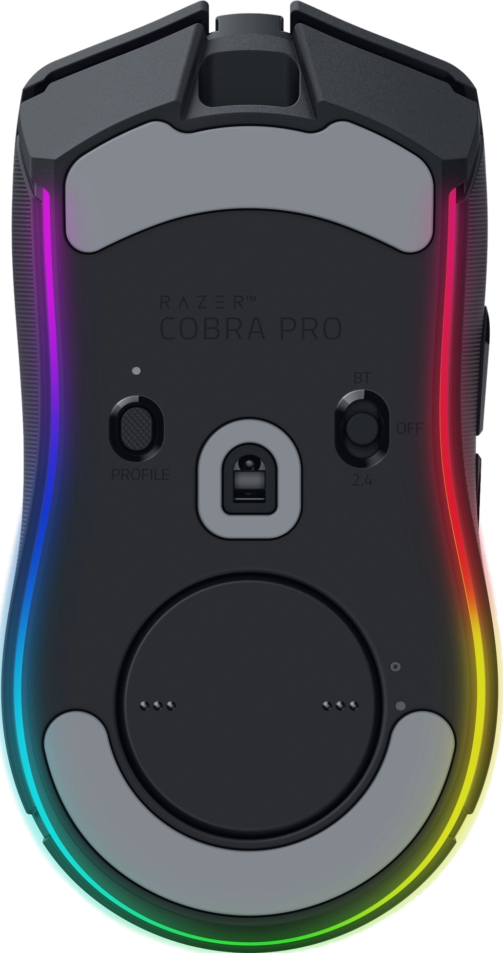 Die Unteransicht einer schwarzen Gaming-Maus mit farbenfroher RGB-Beleuchtung.
