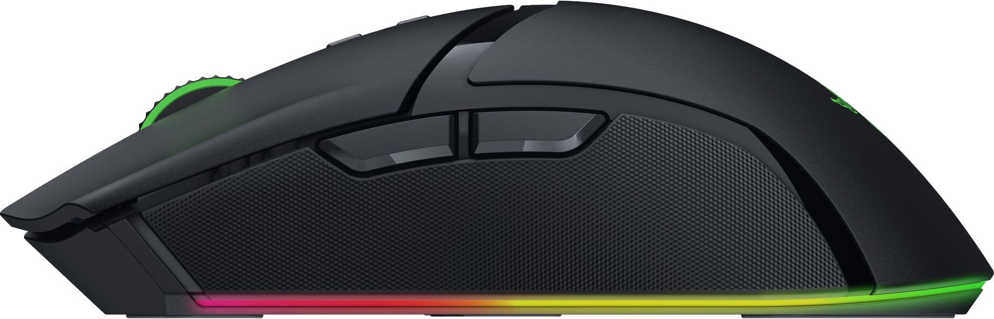 Schwarze Gaming-Maus mit mehreren Tasten und einem grünen Scrollrad. RGB-Licht unten.