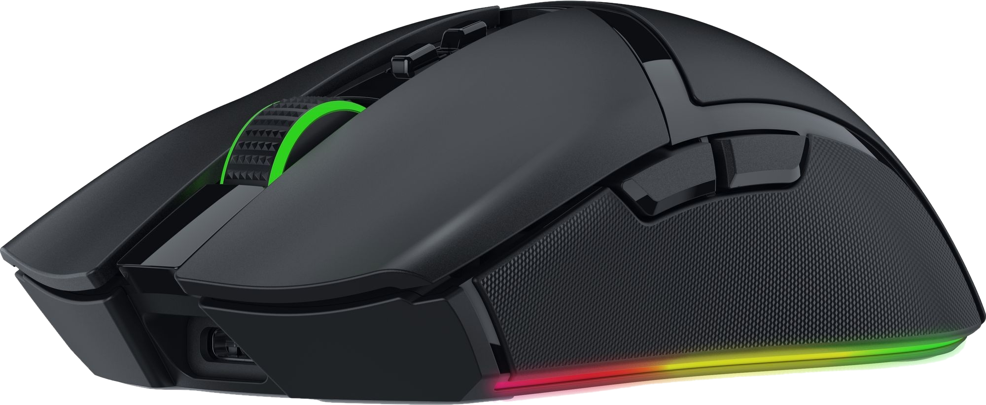Schwarze Razer Gaming-Maus, die grünes Scrollrad und Seitentasten zeigt.