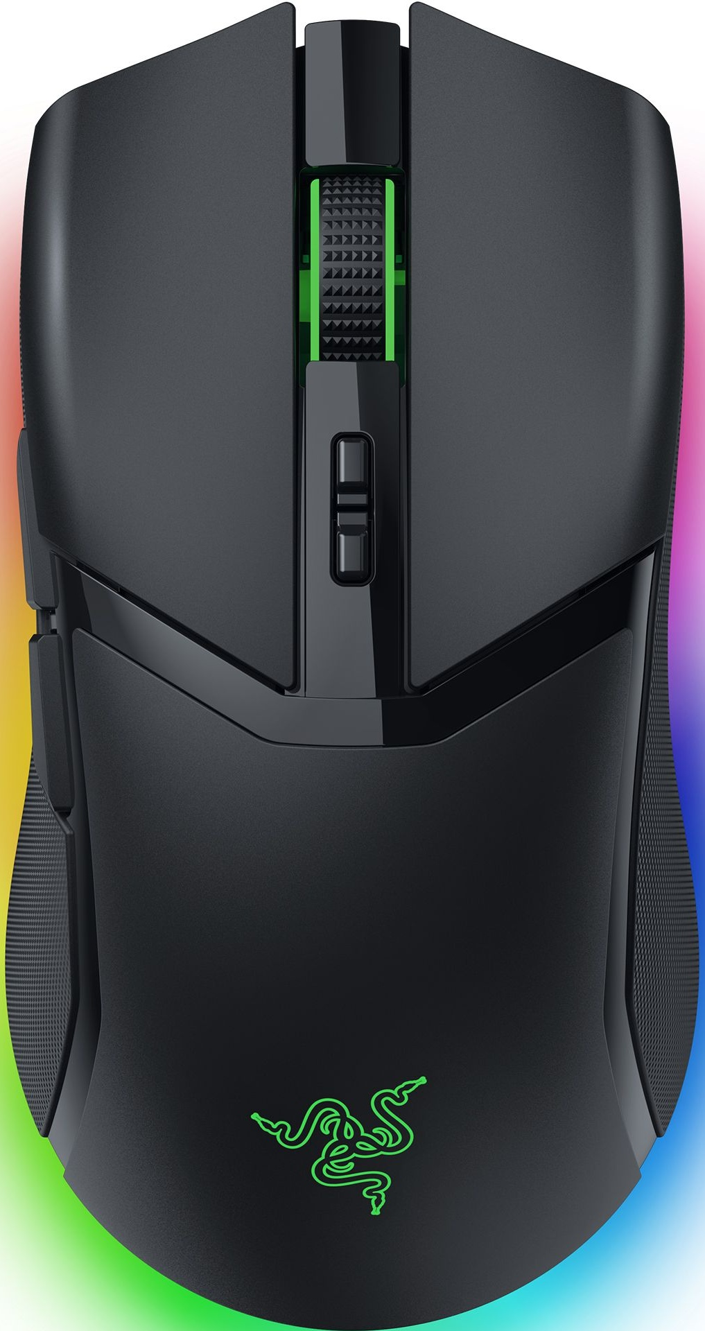 Schwarze Computermaus mit leuchtenden mehrfarbigen Lichtern. Es hat ein Scrollrad und Seitentasten.