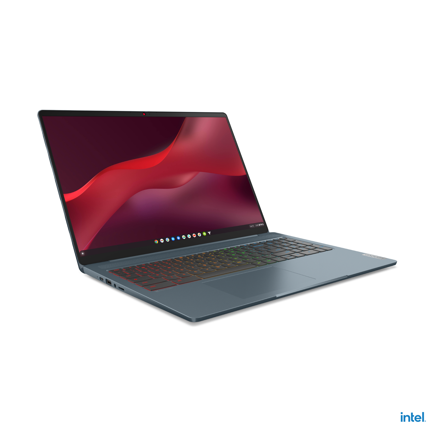 Blauwe laptop op zwarte achtergrond met rood scherm. Intel logo rechtsonder.