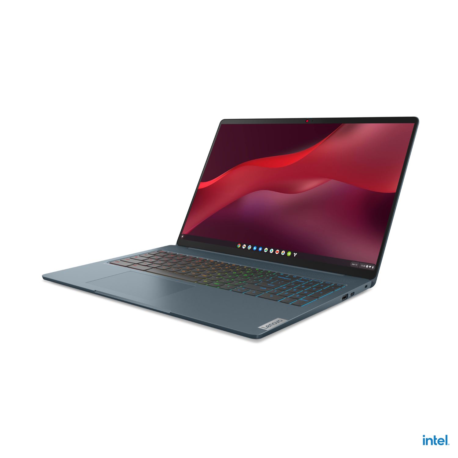 Blauwe Lenovo laptop open. Het scherm toont een rood beeld. Het toetsenbord heeft gekleurde toetsen.