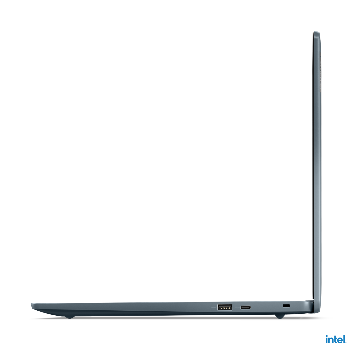 Zijaanzicht van een blauwe laptop met een donker scherm, dat het zijprofiel toont.