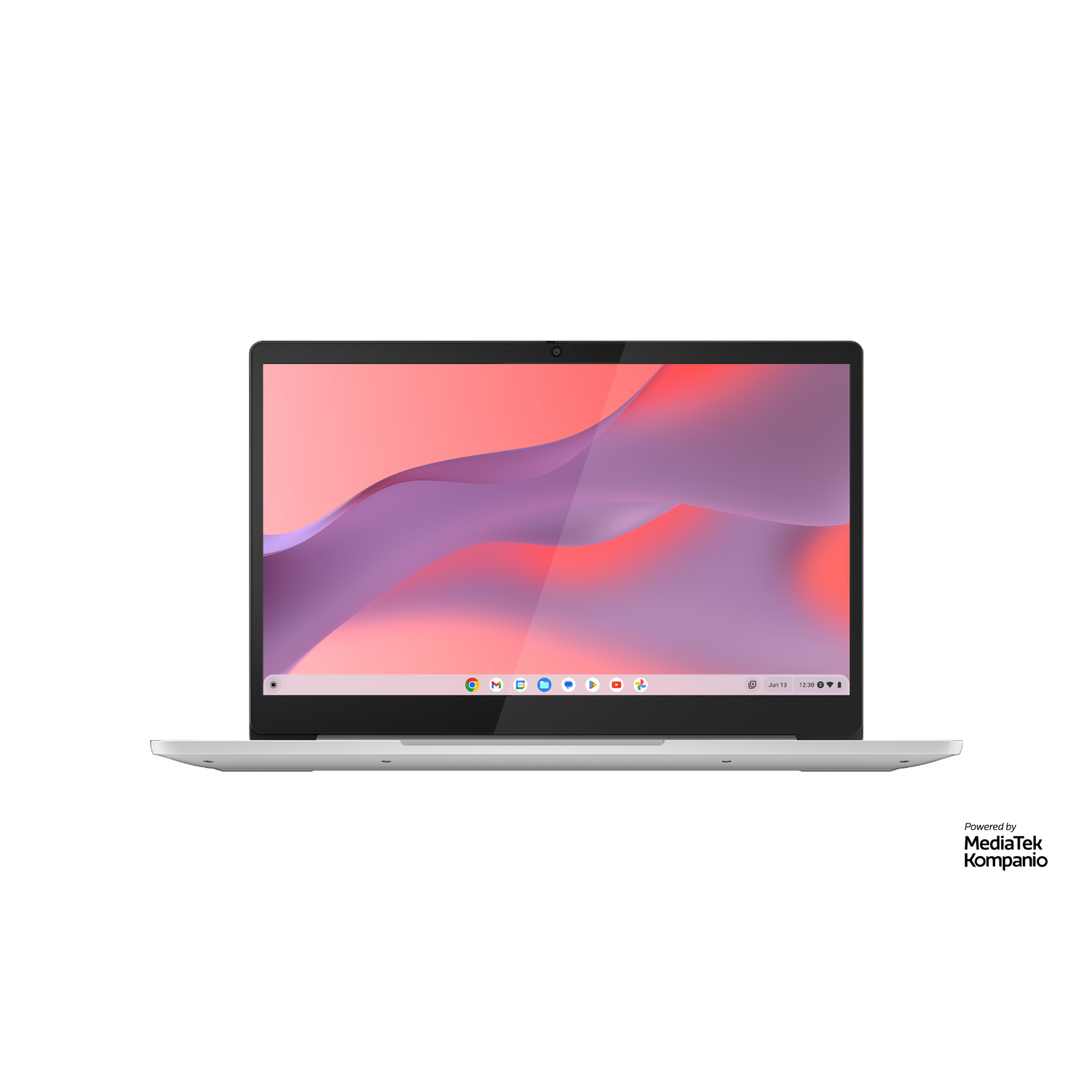 Zilveren laptop op zwarte achtergrond, scherm toont roze en paars abstract ontwerp.