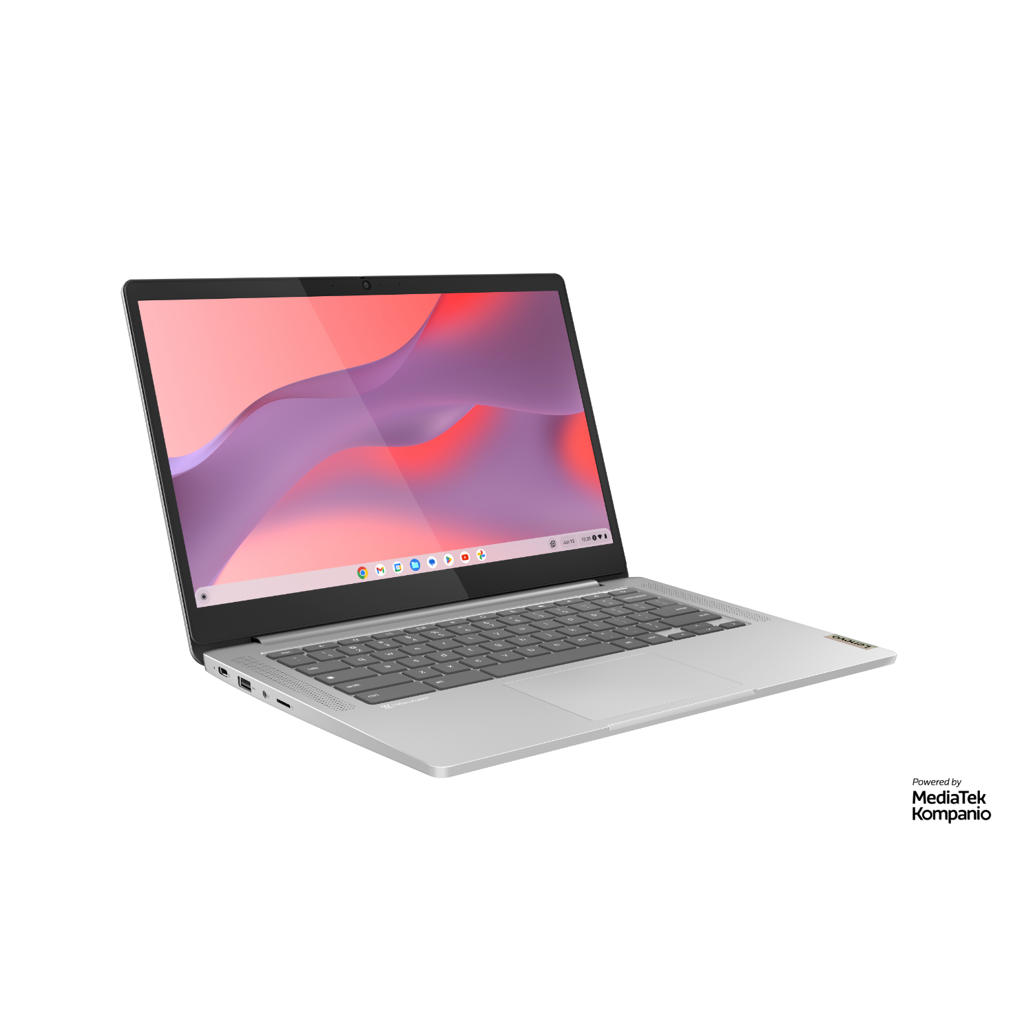 Zilveren laptop met grijs toetsenbord, opengeklapt met een roze en paars scherm tegen zwart.