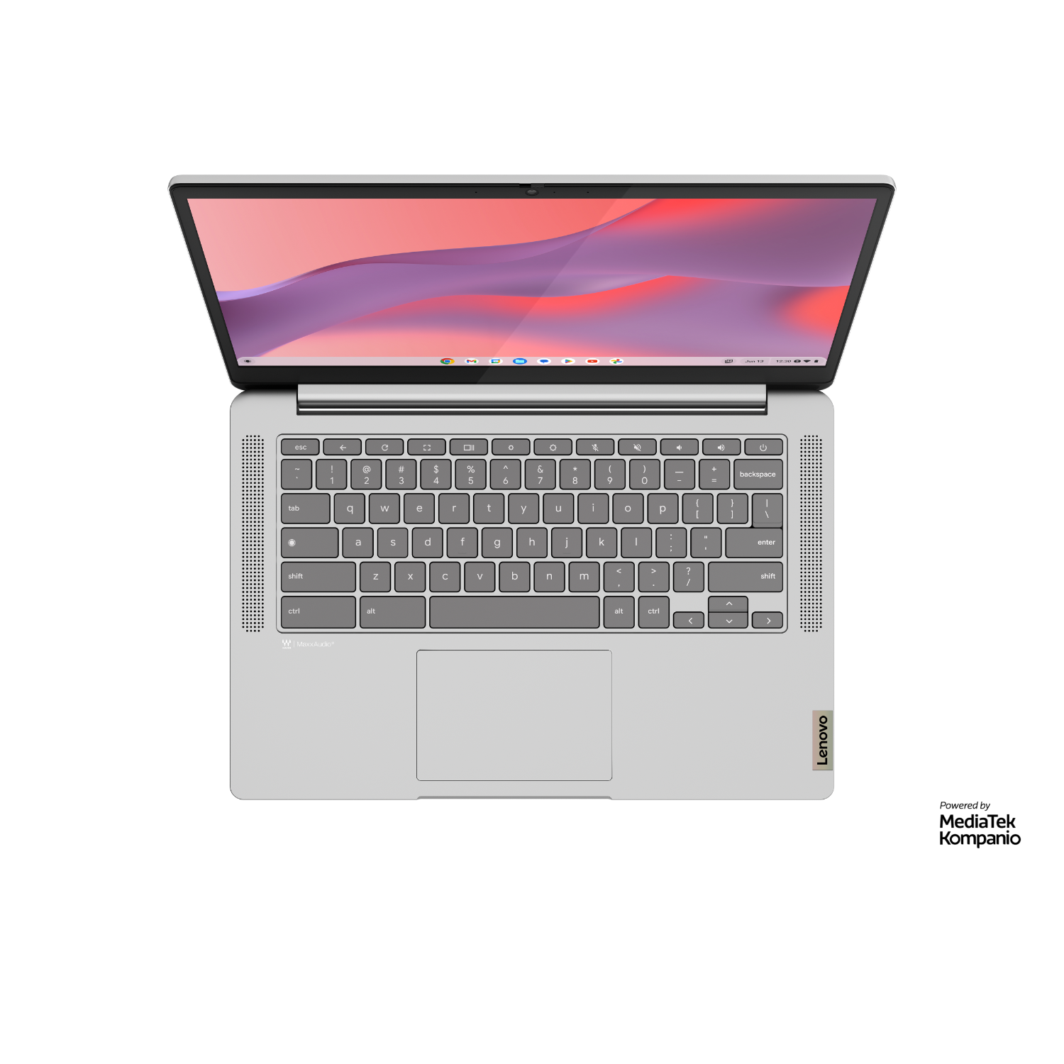 Een bovenaanzicht van een zilveren laptop. Het scherm is open en toont een roze en witte achtergrond.