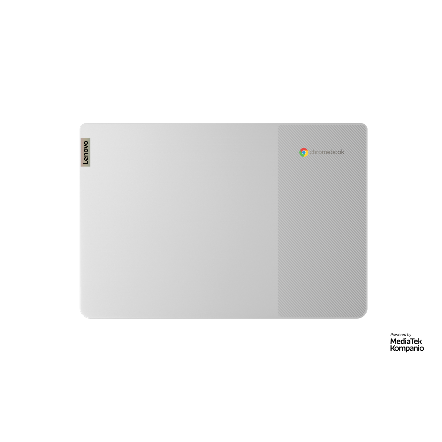 Witte laptop met Lenovo-logo en Chromebook-label op zwarte achtergrond.