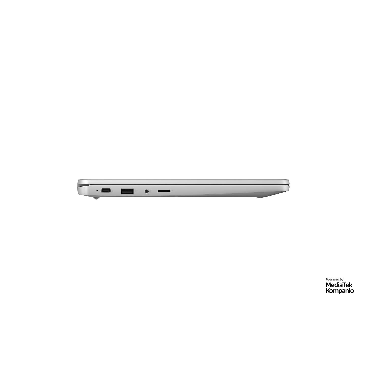 Een zijaanzicht van een zilveren laptop met poorten aan de linkerkant, tegen een zwarte achtergrond.