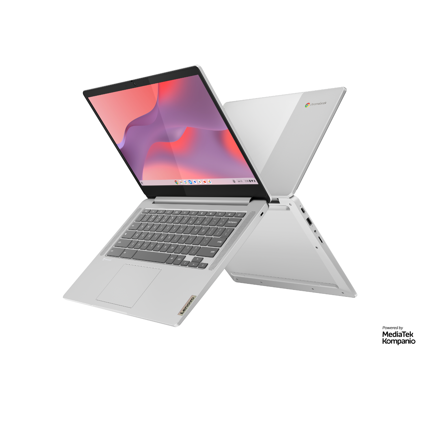 Een zilveren laptop met een lichtgrijs toetsenbord en een scherm met een kleurrijke interface.