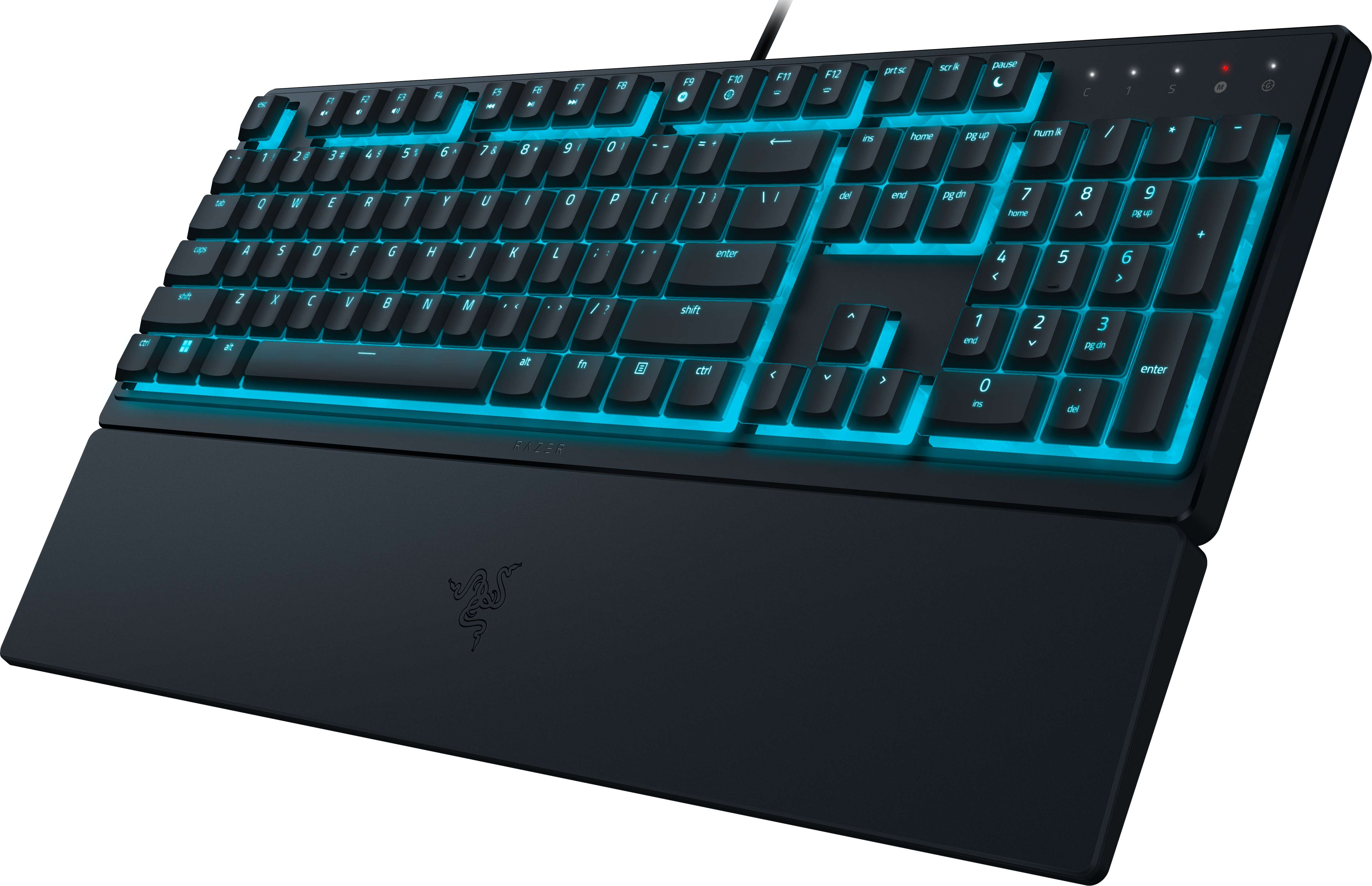 Tastiera da gioco nera con retroilluminazione blu, poggiapolsi e sfondo nero.