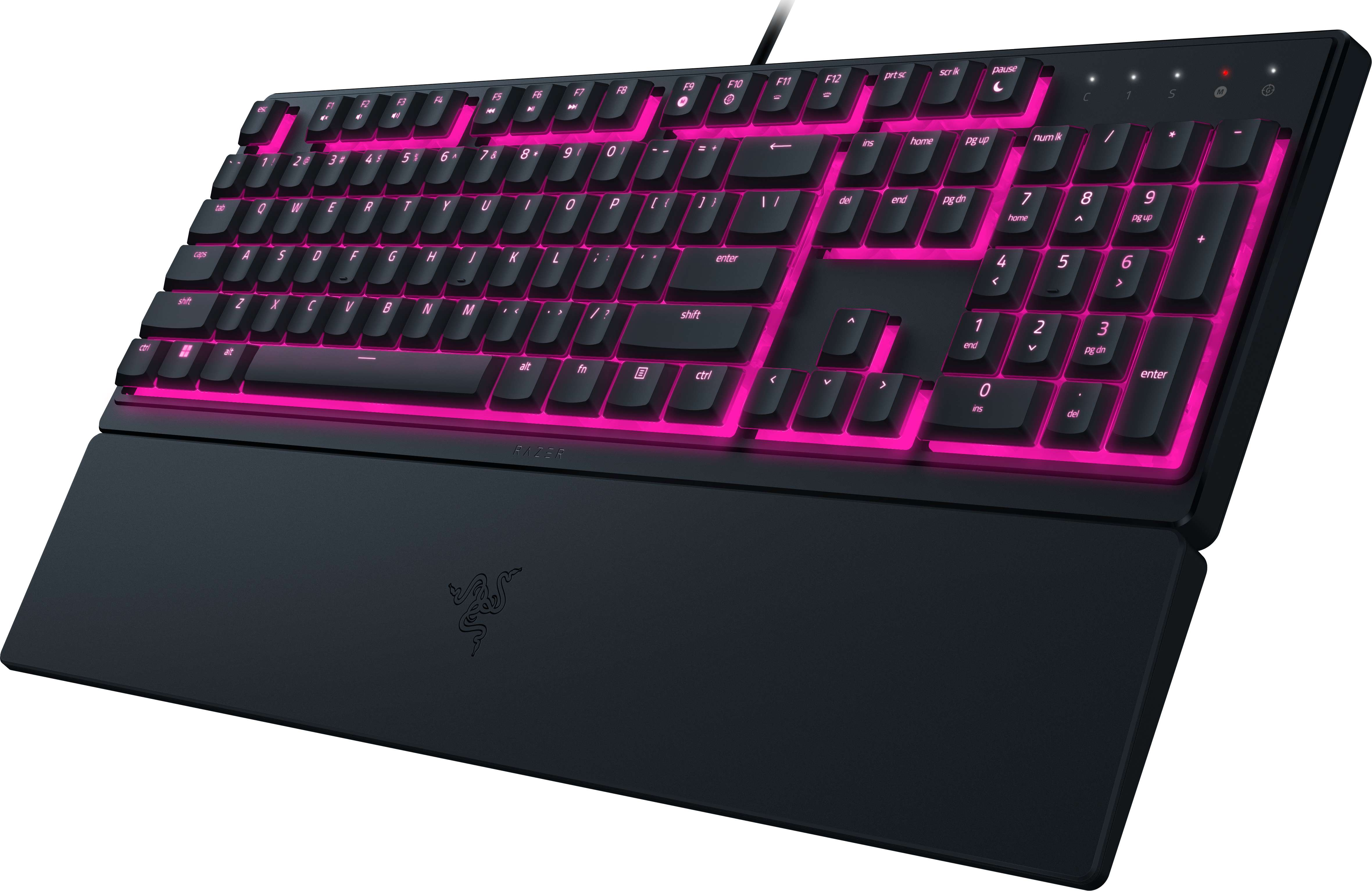Tastiera nera con tasti retroilluminati rosa e poggiapolsi.