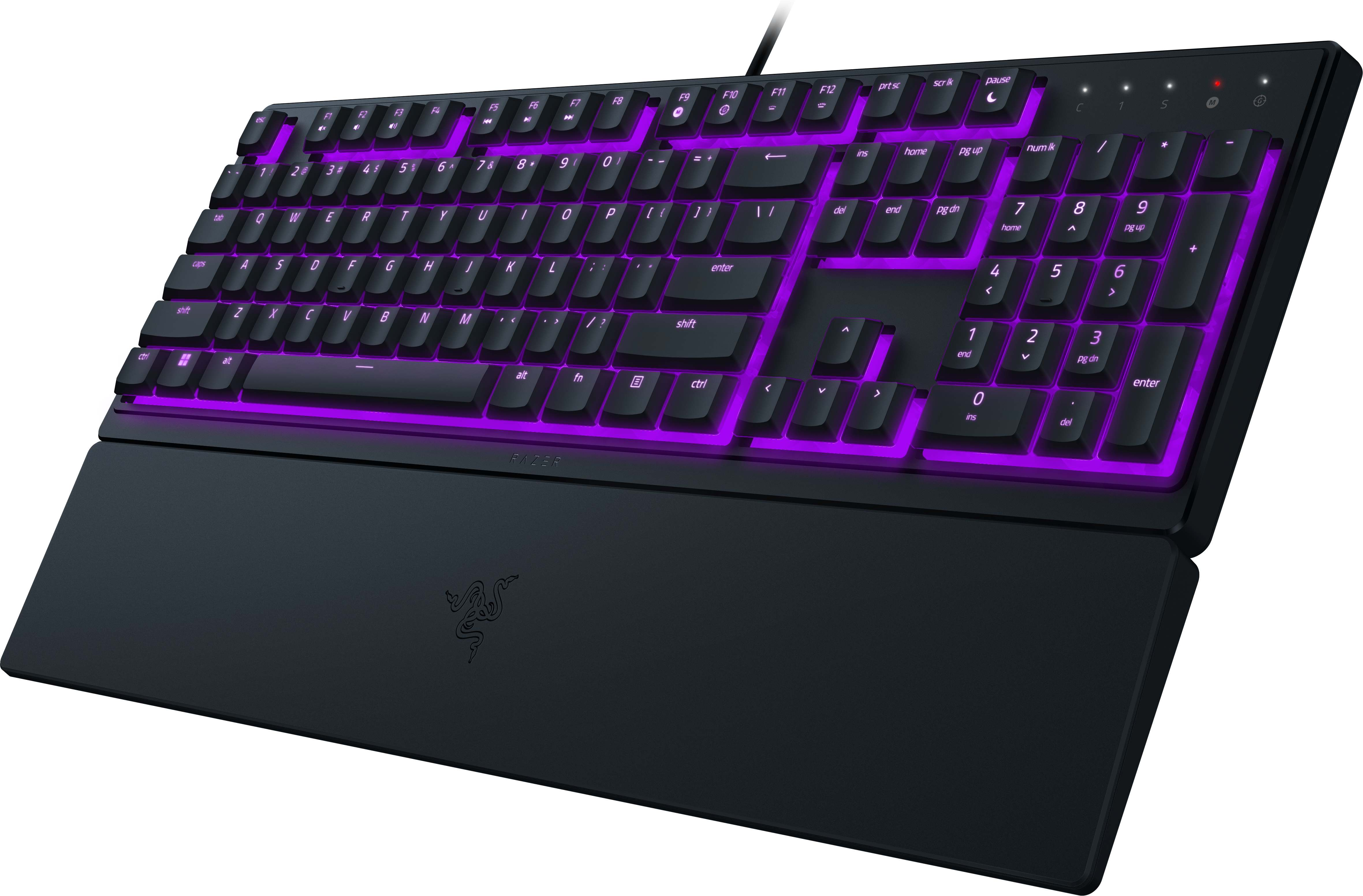 Tastiera Razer nera con retroilluminazione viola, poggiapolsi e tasti.