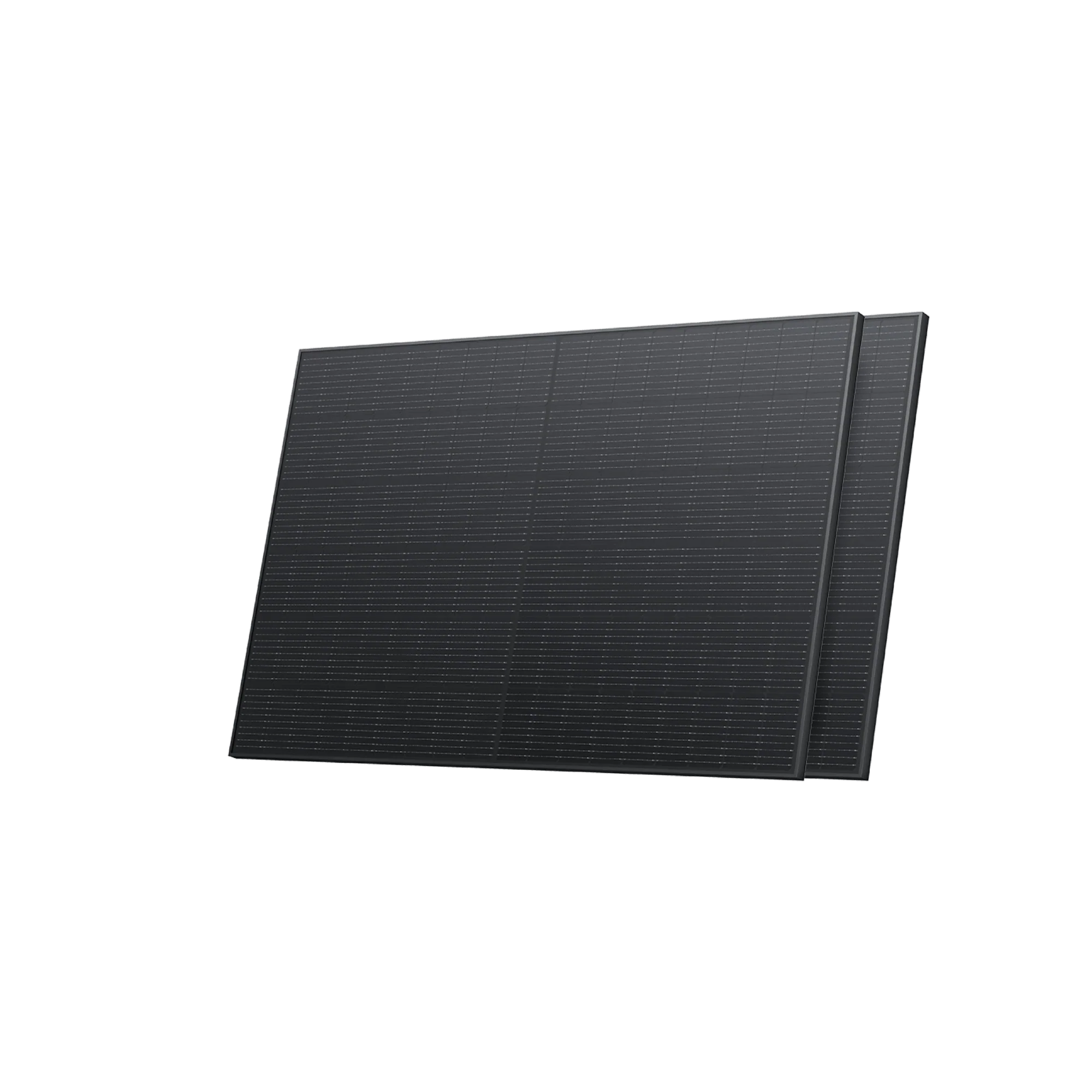 Zwei schwarze Solarmodule. Sie sind rechteckig und haben ein Rastermuster auf der Oberfläche.