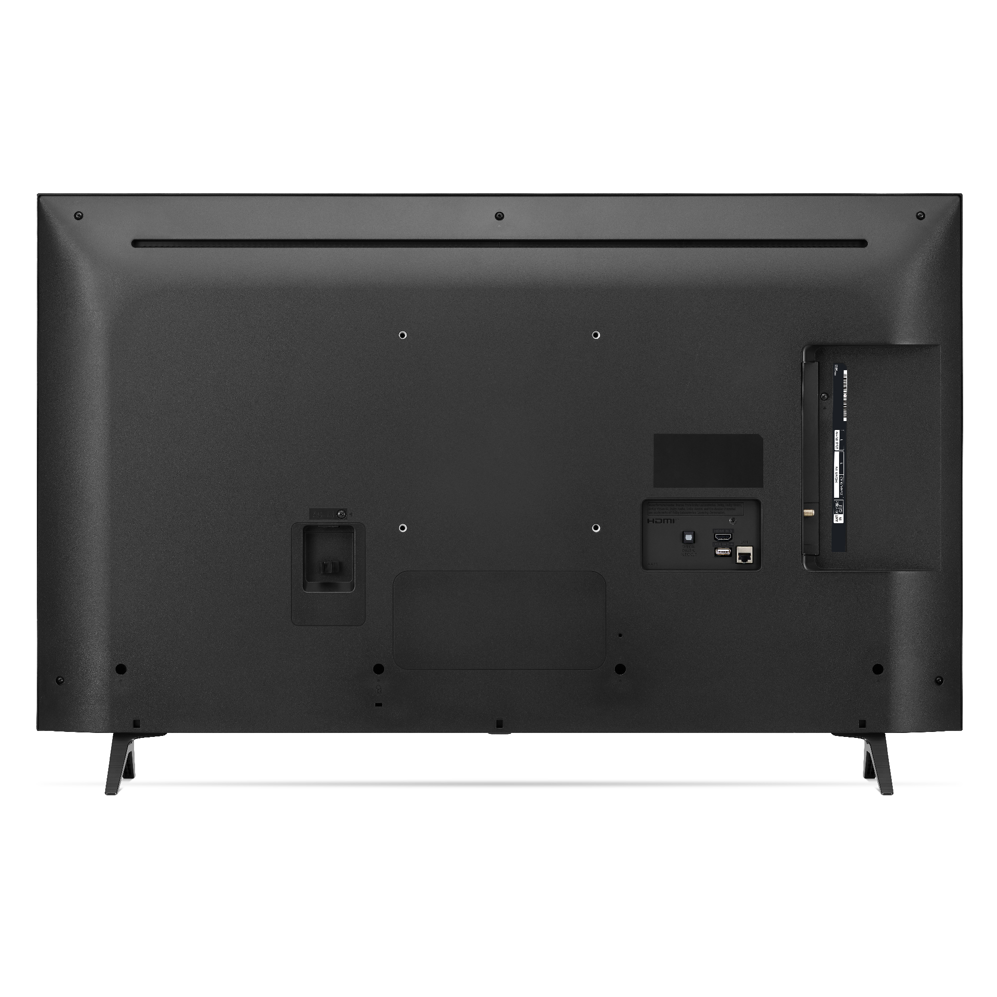 Parte trasera de un televisor LG negro con puertos y patas sobre fondo blanco.
