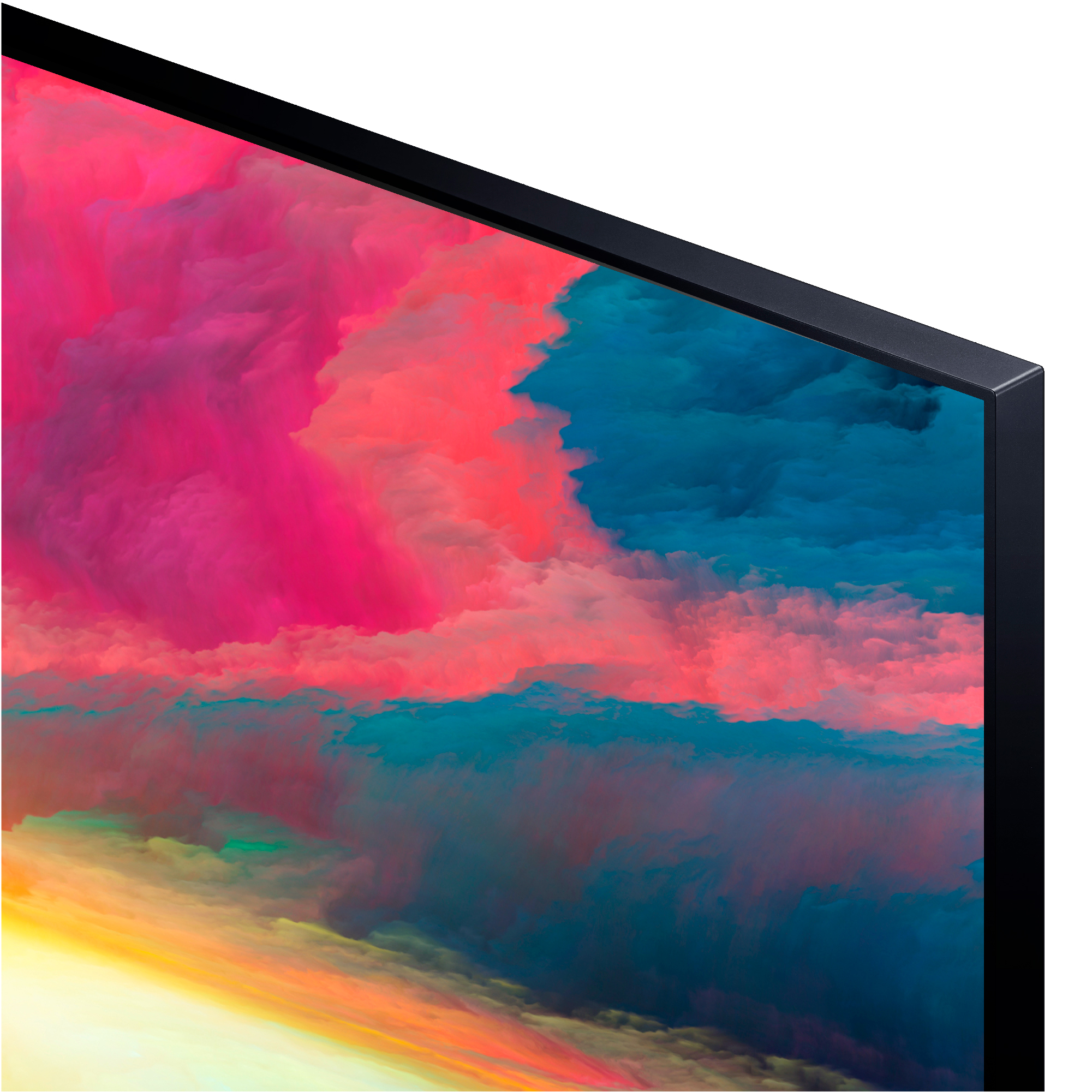 Primer plano de una esquina de monitor, mostrando una imagen abstracta colorida de rosa, azul y amarillo.