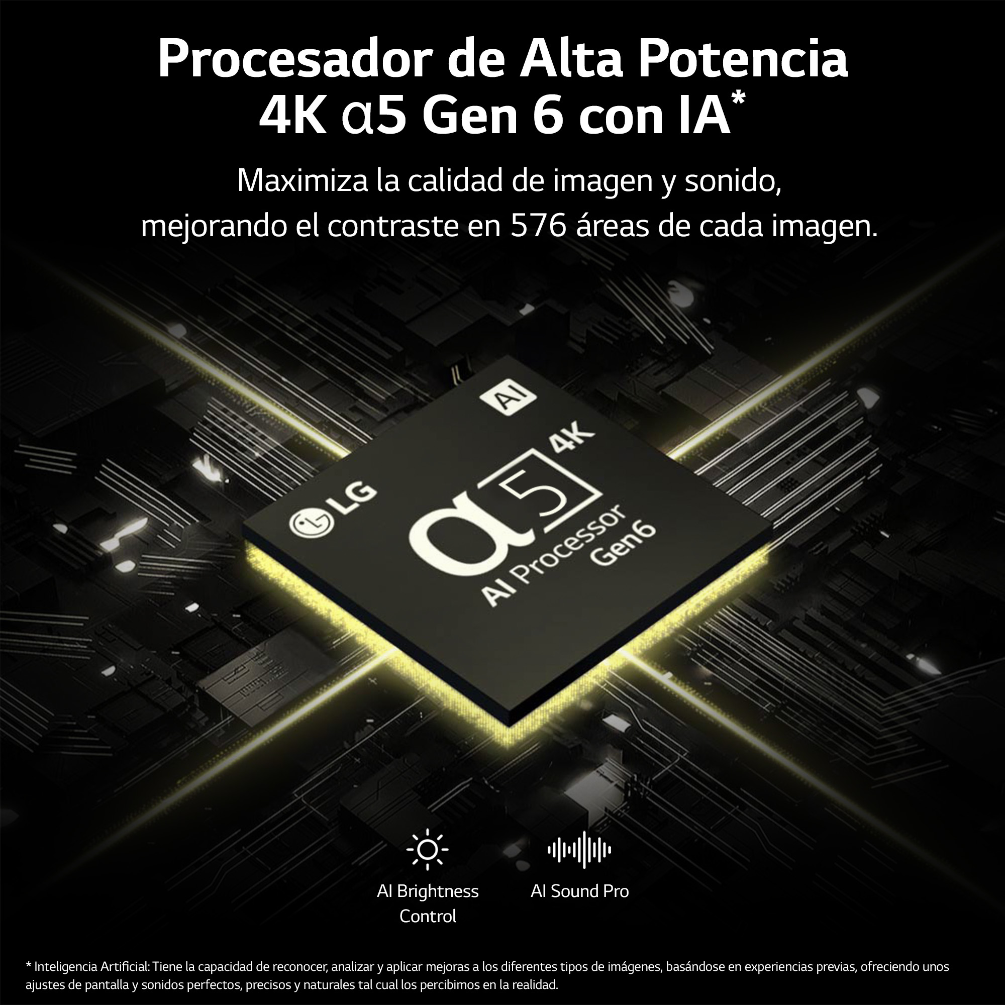 Un gráfico que representa un procesador con un logotipo de IA y texto sobre sus capacidades.
