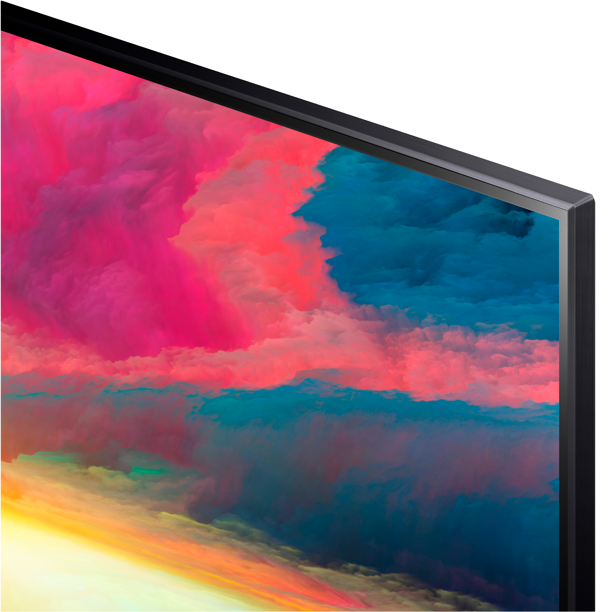 Primer plano de una pantalla de TV que muestra una mezcla de colores rosa, azul y amarillo, con un marco negro.