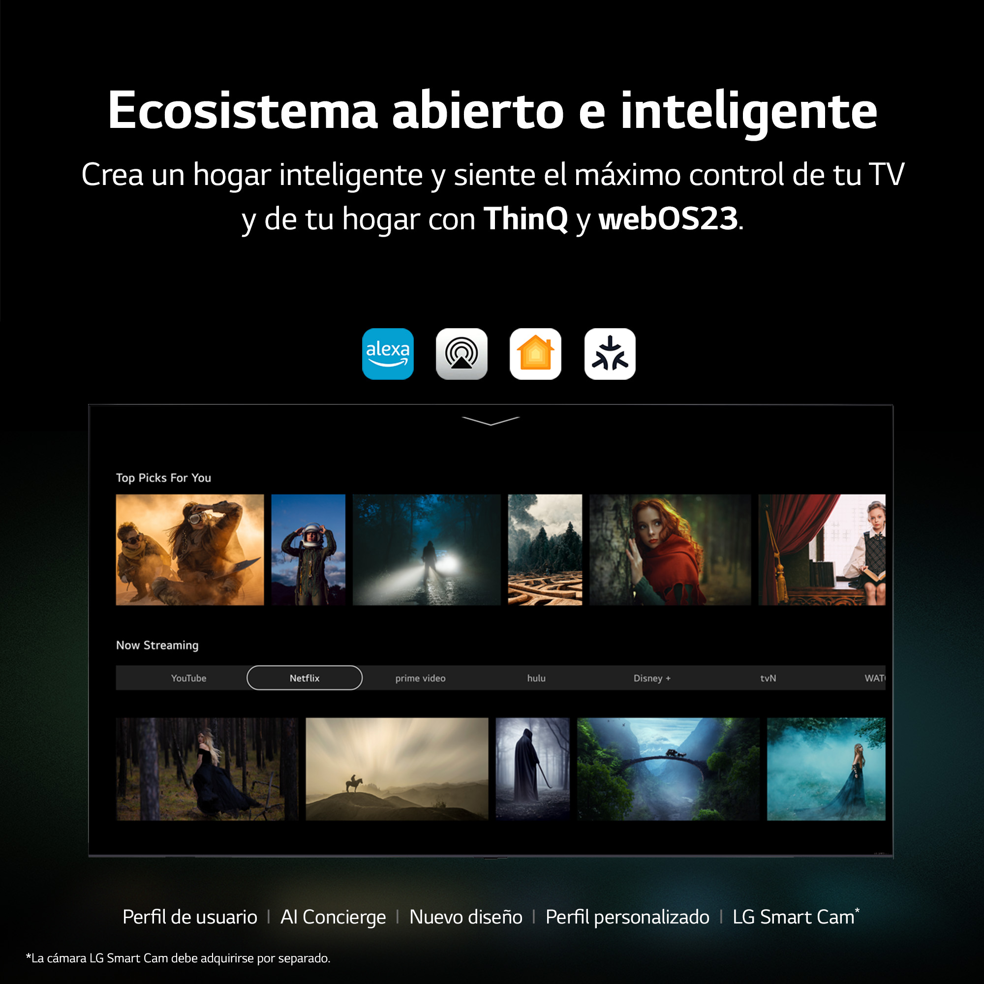Una pantalla de TV inteligente que muestra la interfaz de plataformas de streaming.