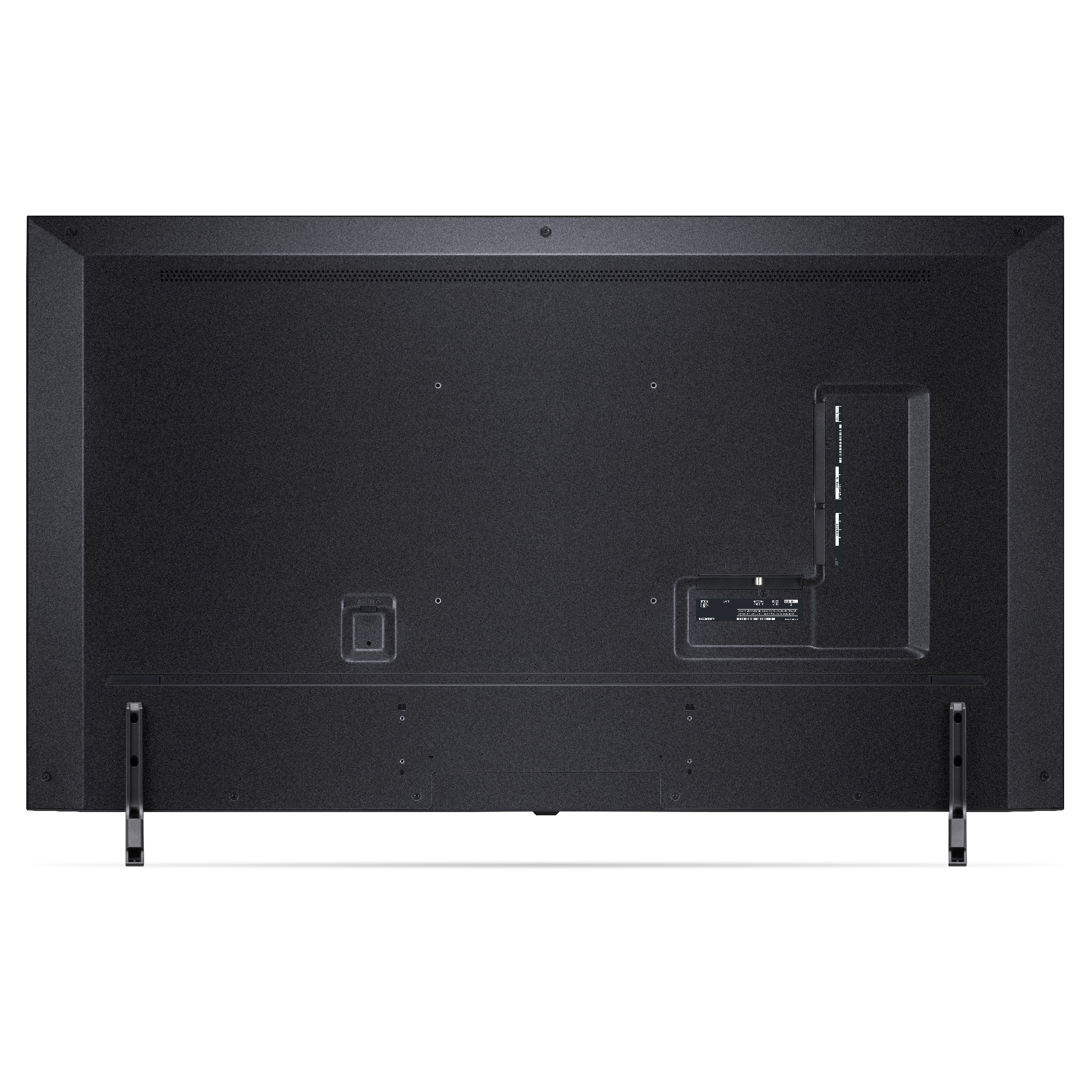Parte trasera de un televisor LG negro con puertos, soporte y una caja pequeña.