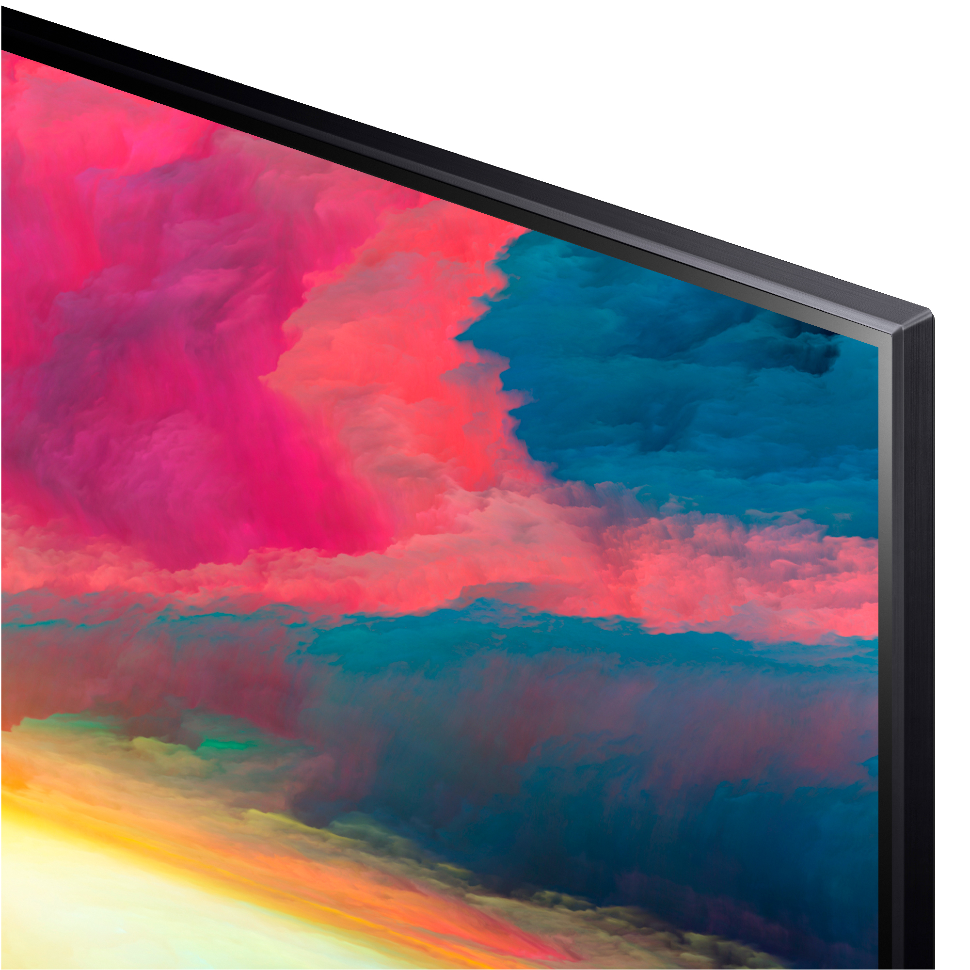 Primer plano de una esquina de TV que muestra una pintura abstracta vibrante y colorida.