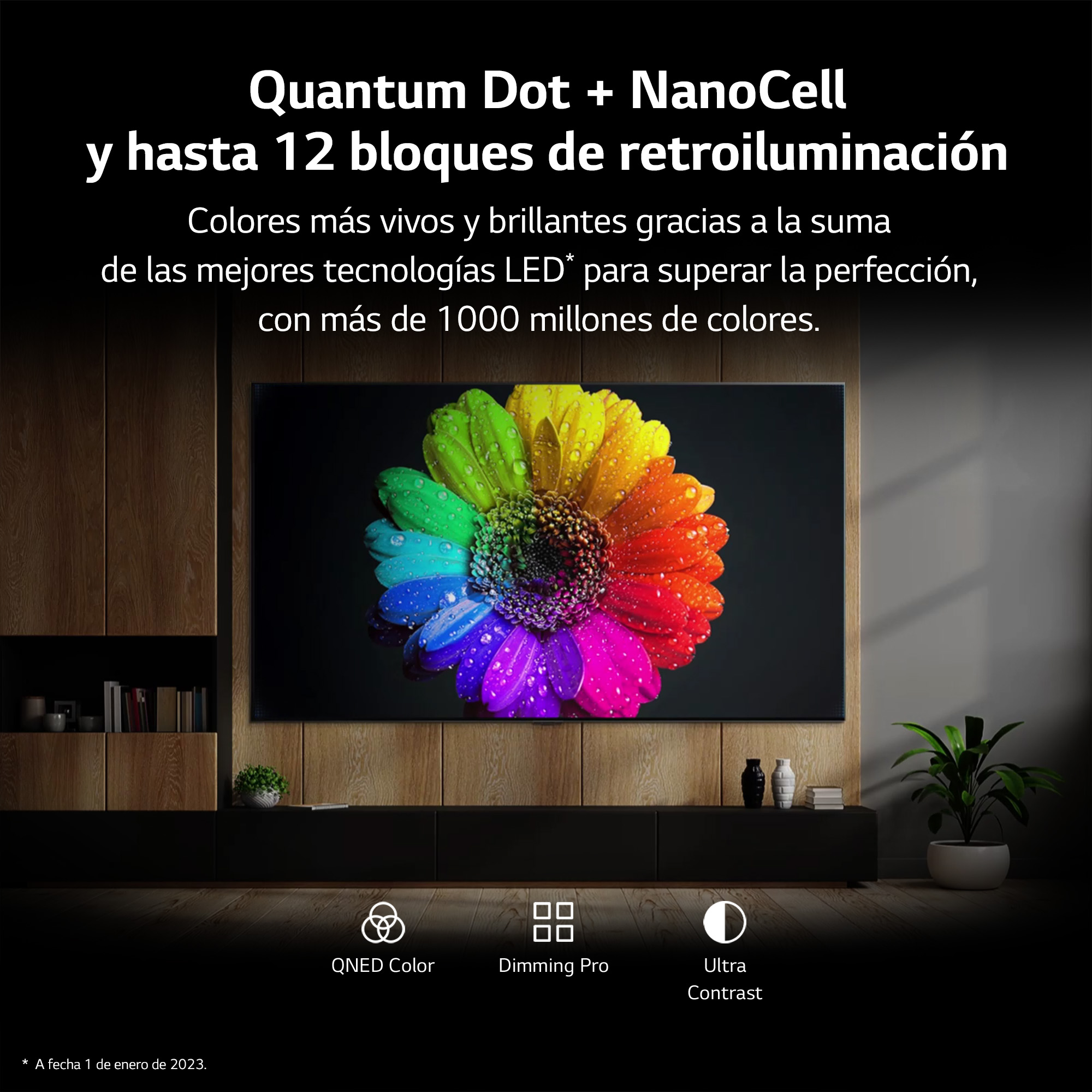 Un televisor en un soporte oscuro. La pantalla muestra una imagen de flores coloridas. Texto en español.