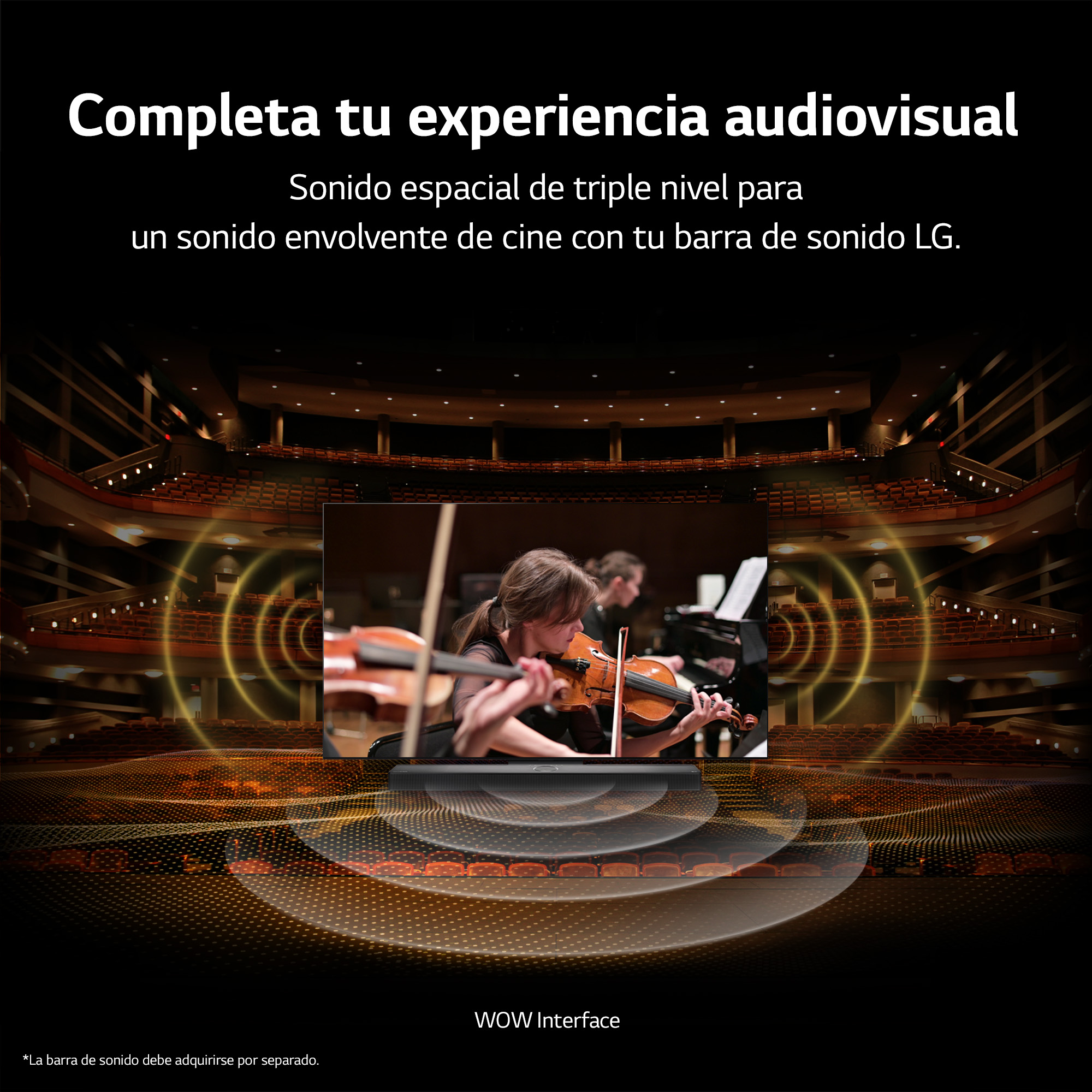 Imagen que promociona la barra de sonido LG con orquesta en vivo en teatro.