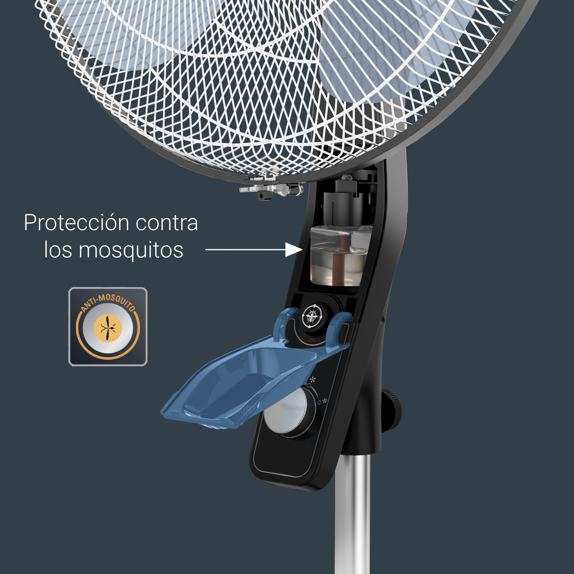 Ventilador negro y plateado con función antimosquitos. Texto en español visible.
