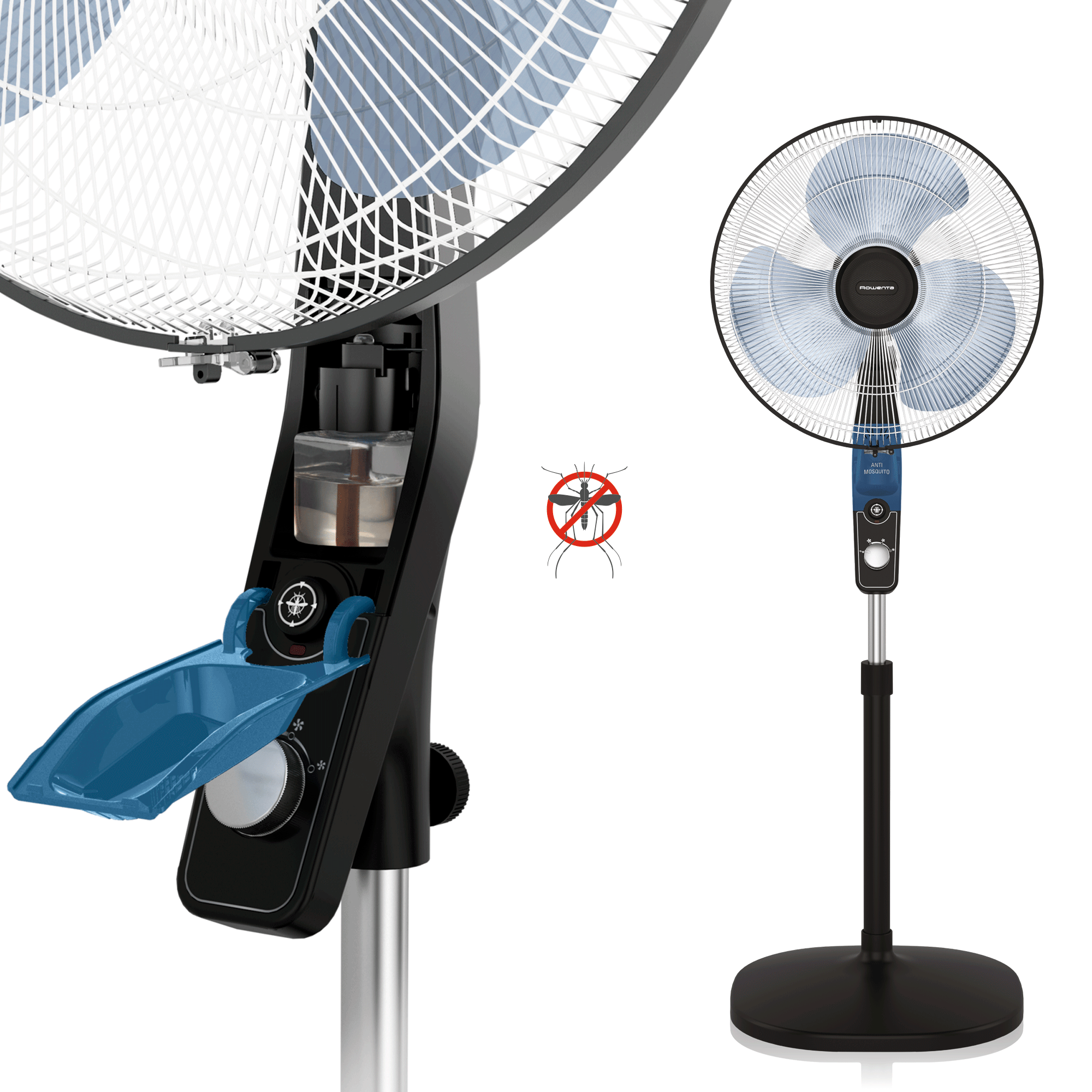 Un ventilador de pie negro y plateado. Tiene una función de nebulización y un repelente de mosquitos. El ventilador está sobre una base negra.