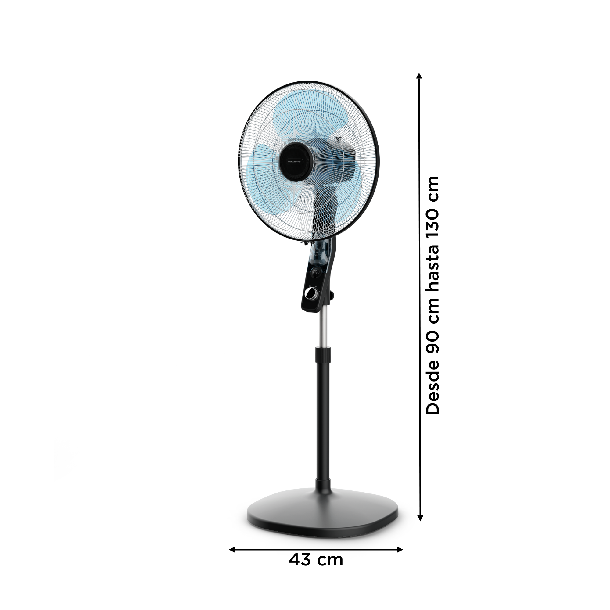 Ventilador de pie negro con aspas azules, detalles de dimensiones sobre fondo blanco.