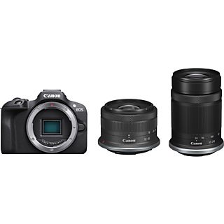 Cámara EVIL - Canon EOS R100/RF-S 18-45MMIS STM + RF-S 55-210MMF5-7.1, CMOS AF de Doble píxel, 24.1 megapixel, Video 4K, Wi-Fi, Negro