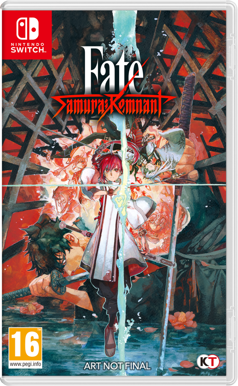 Game cover van Fate/Samurai Remnant. Toont een personage met rood haar, met een zwaard. Achtergrond heeft actiefiguren en rood.