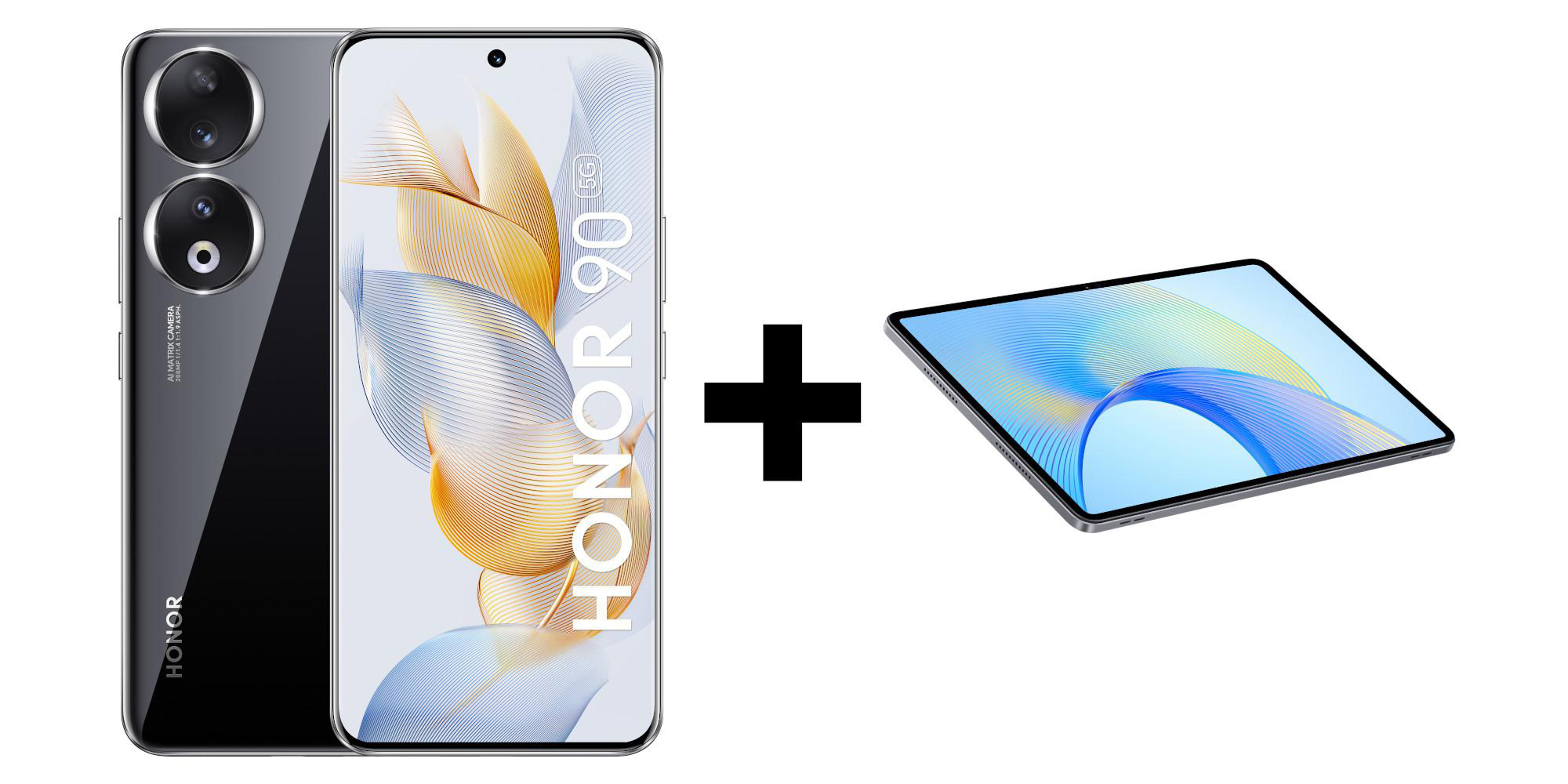 Honor Telefon und Tablet. Telefon ist schwarz, Tablet ist weiß, beides auf weißem Hintergrund.