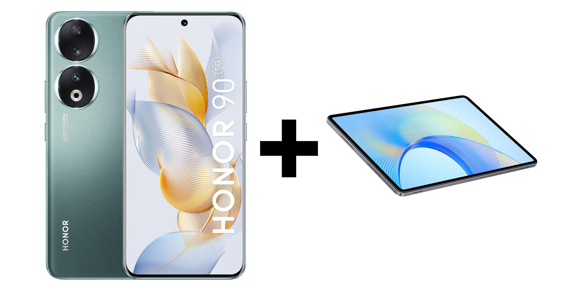 Ein türkisfarbenes Honor-Telefon und ein Tablet werden zusammen auf weißem Hintergrund angezeigt.