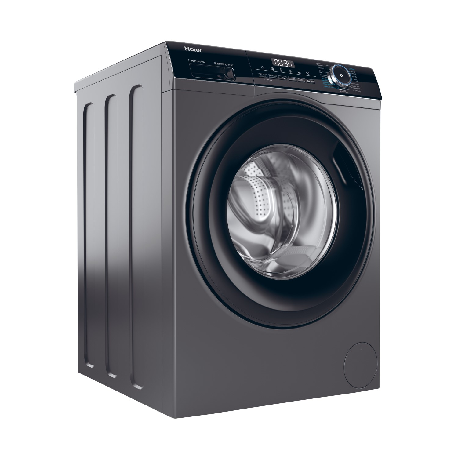 Una lavadora Haier gris oscuro, con puerta de carga frontal y panel de control.