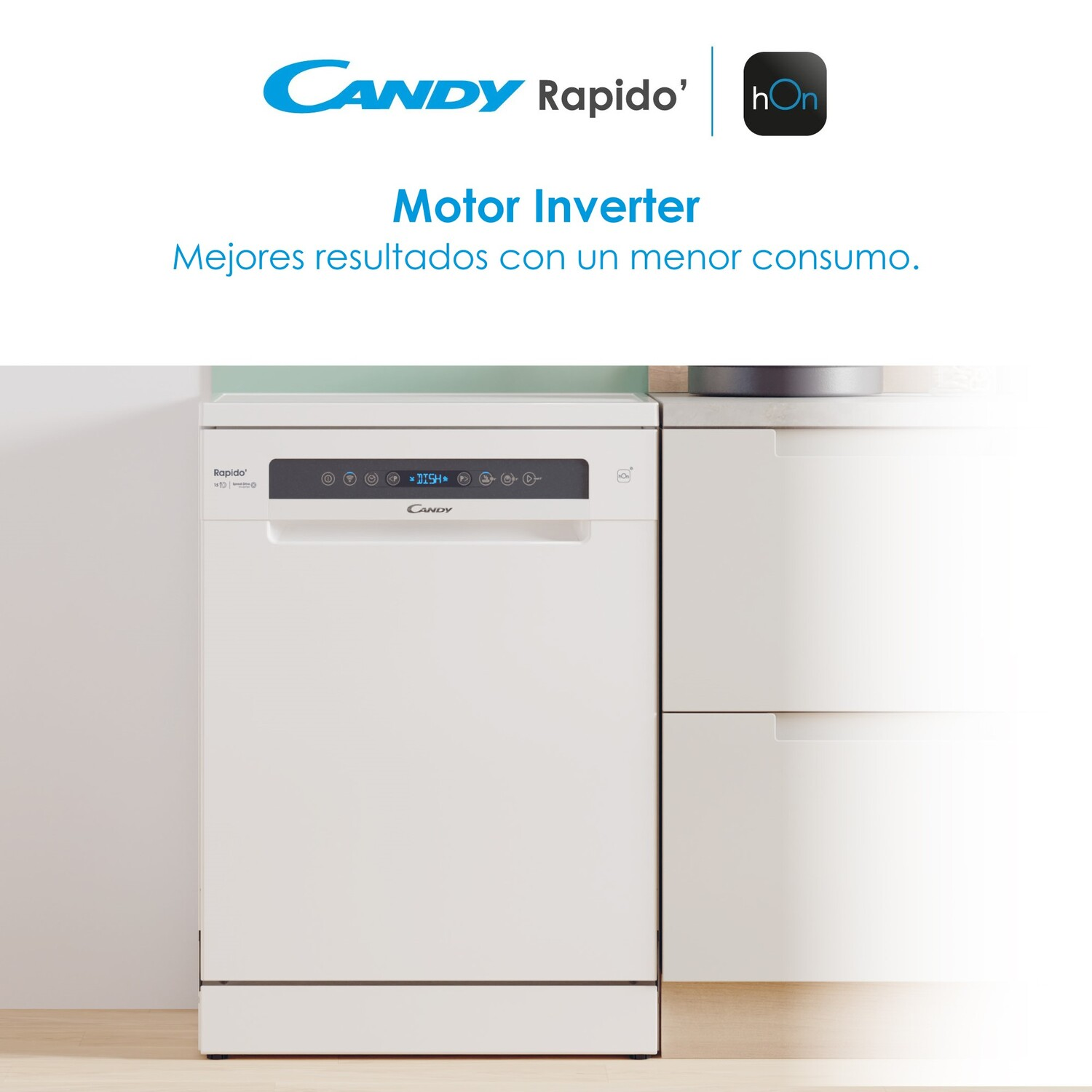 Lavavajillas blanco con panel de control. Texto español promociona el motor.