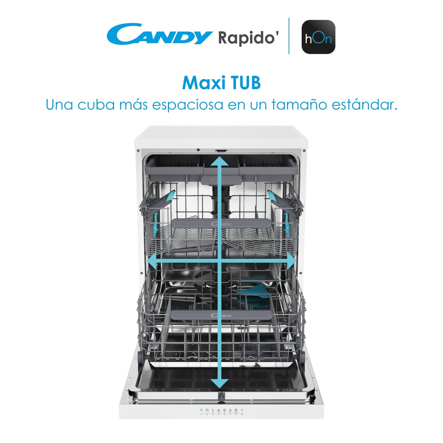 Un lavavajillas blanco con la puerta abierta. Las rejillas son visibles y el lavavajillas está etiquetado como Maxi TUB.