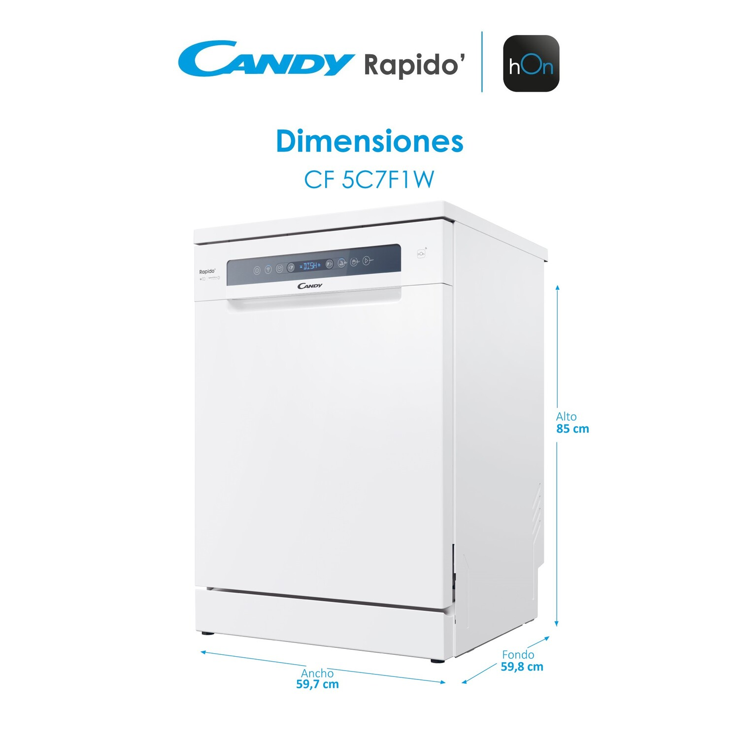 Lavavajillas blanco con dimensiones: ancho 59,7 cm, fondo 59,8 cm, alto 85 cm.