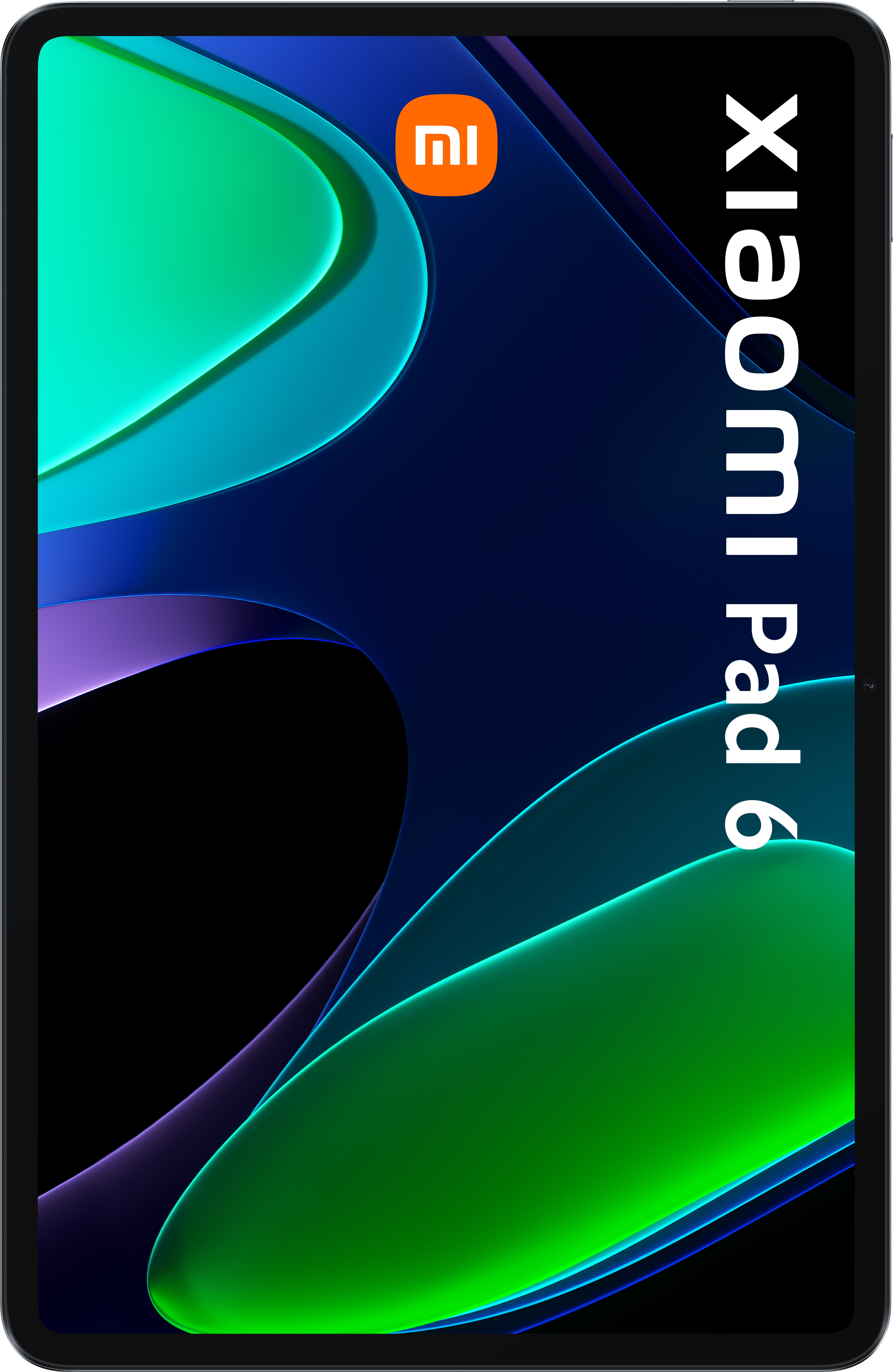 Xiaomi Pad 6 Tablet. Dunkelblauer Hintergrund. Der Bildschirm zeigt grüne und blaue abstrakte Formen mit orangefarbenem Logo.